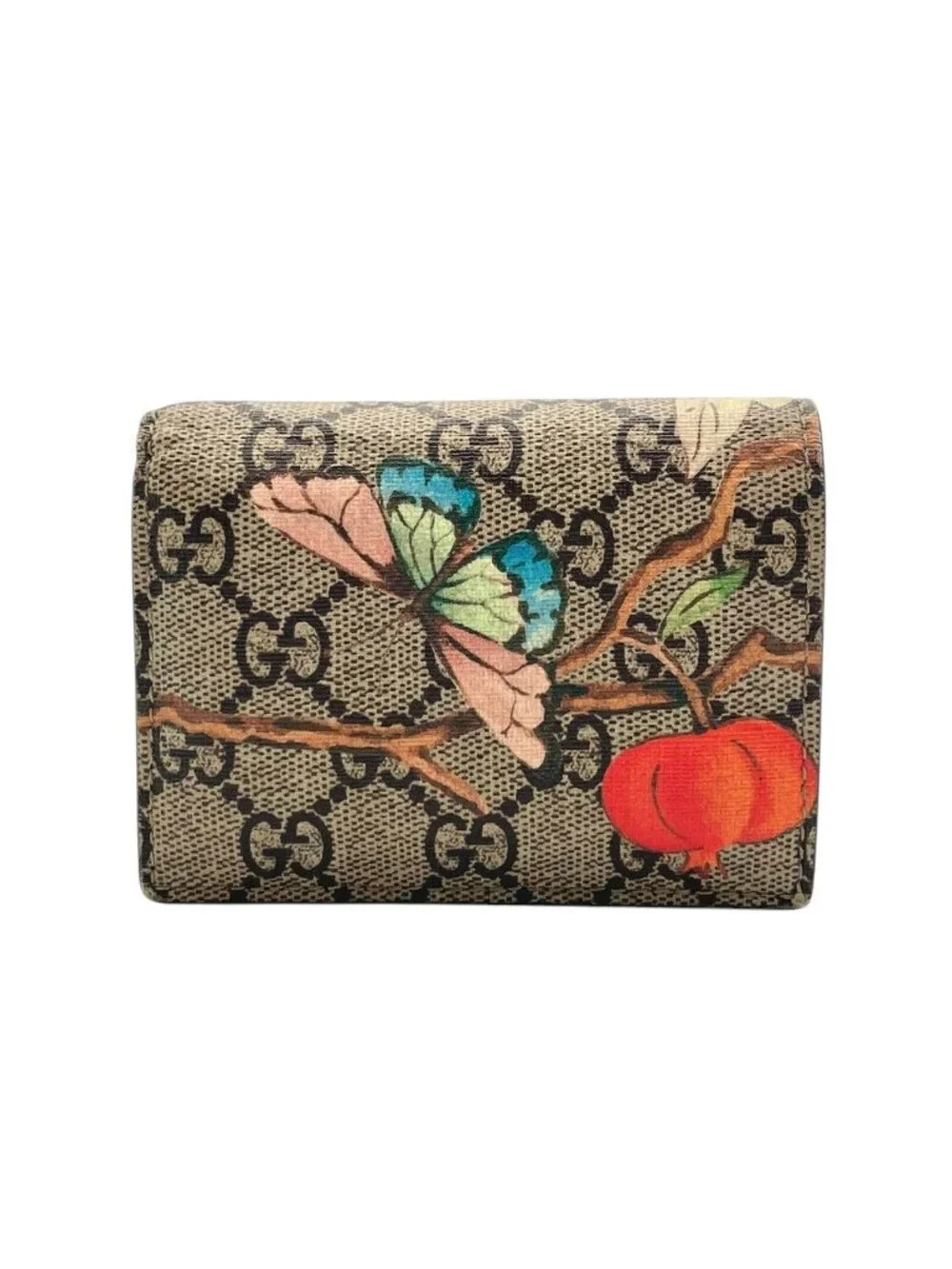 Gucci GG Supreme Tian Compact Wallet Mini Folding Leather Beige Multicolor Gold